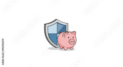 A pink piggy bank standing next to a blue and silver shield, symbolizing financial security.