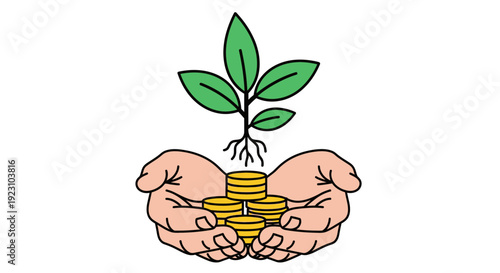 Hands holding coins with a plant growing from them, symbolizing investment and growth.