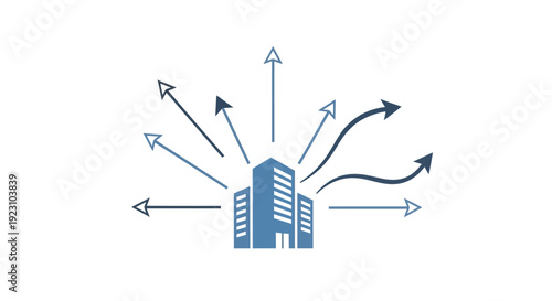 An illustration of a building with arrows pointing outwards, representing expansion and growth.