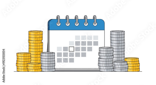 Financial planning concept with calendar, coins, and stacks representing savings and investments.