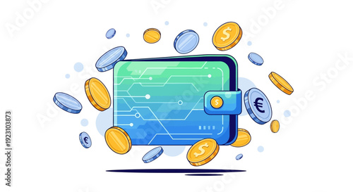 Digital wallet illustration with coins, representing finance, technology, and secure transactions.