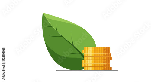 A green leaf next to a stack of golden coins, representing environmental finance.