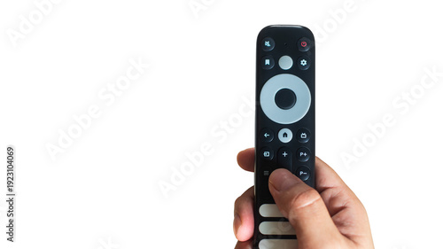 Wallpaper Mural Hand holding smart TV remote control on white background for home automation concept Torontodigital.ca