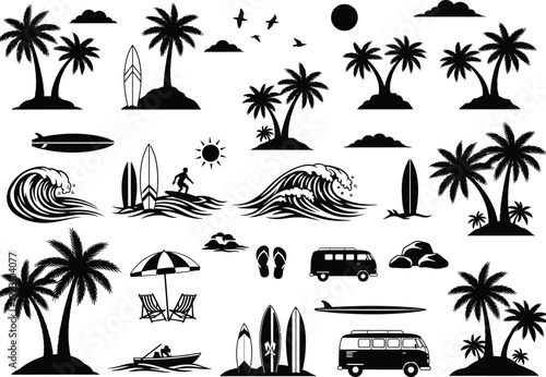 A serene tropical scene featuring palm trees surfboards waves and a vintage camper van evoking a relaxed beach lifestyle high quality