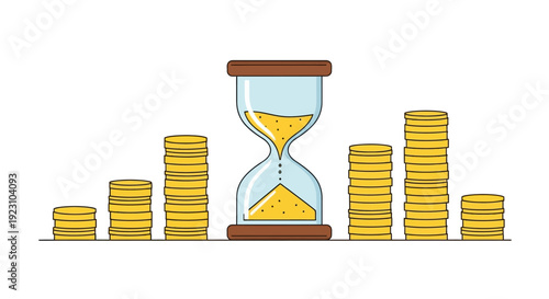 An illustration depicting the concept of time and money, with an hourglass and stacks of coins.