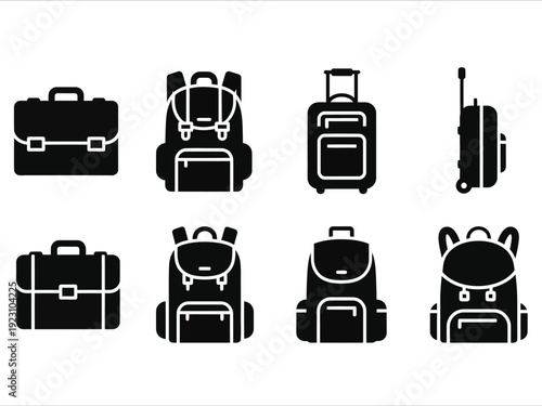 a collection of various black silhouette luggage icons including suitcases backpacks and travel bags displayed in a grid formation high quality