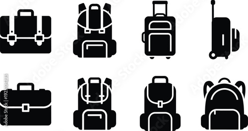 A collection of various black silhouette icons depicting different types of luggage and travel bags including backpacks and suitcases high quality
