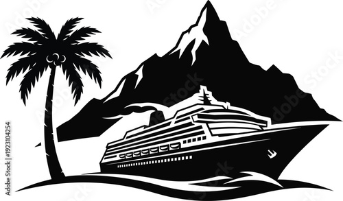 a striking black and white illustration depicts a tropical island scene with a palm tree mountain and cruise ship high quality