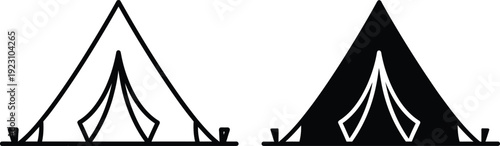 A simple black and white illustration depicts two tent shapes side by side representing camping and outdoor adventure imagery high quality