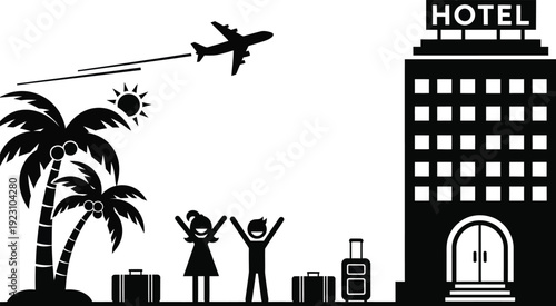 a black and white illustration depicts a tropical vacation scene with a hotel palm trees and a joyful traveler high quality