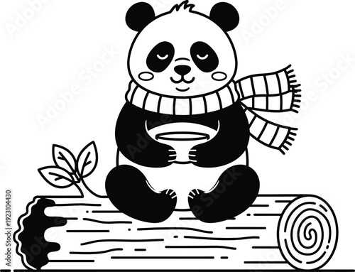 a charming illustration depicts a contented panda peacefully seated on a log enjoying a warm drink and wearing a cozy scarf