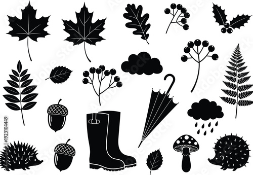 a collection of autumn themed silhouettes including leaves acorns boots an umbrella and other fall elements against a white background