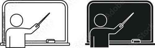 A minimalist depiction of a teacher figure presenting information on a television or monitor screen shown in both positive and negative formats