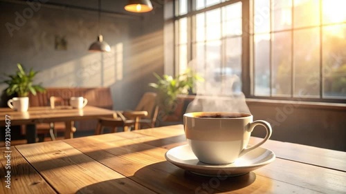 Wallpaper Mural Steaming coffee cup on wooden table in sunlit cafe with warm morning light Torontodigital.ca