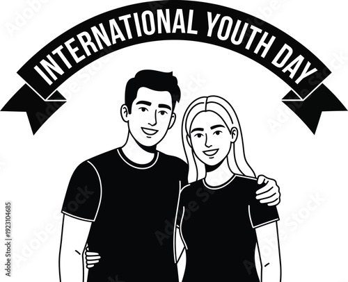 A black and white illustration depicts a young man and woman embracing framed by a banner proclaiming international youth day