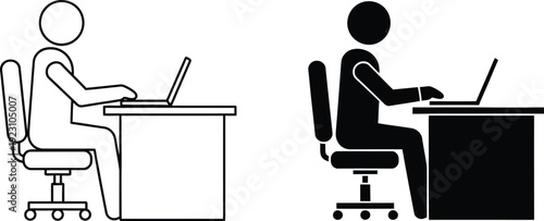 a simple depiction of two individuals seated at desks utilizing laptops presented in both outlined and solid black styles for visual contrast