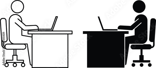 a simple black and white illustration depicts two people seated at desks with laptops representing a modern office environment or interview setting