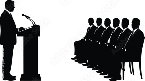 A silhouetted depiction showcases a speaker at a podium addressing a seated audience of formally dressed individuals in a conference setting