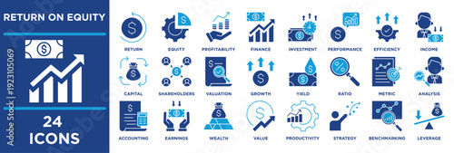 Return on Equity icon set illustrating capital, shareholders, valuation, growth, yield, ratio, metric, analysis, accounting. solid blue vector