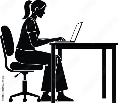 a silhouette of a woman diligently working on a laptop at a desk with an ergonomic chair shown high quality professional