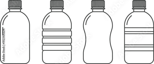 A simple illustration depicts four plastic bottles with varying designs and shapes all featuring black caps and white bodies high quality