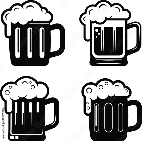 a collection of four black and white illustrations depicting frothy mugs of beer showcasing different styles and designs in a simple format