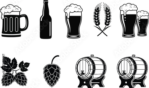 a collection of black and white illustrations depicts various beer elements including glasses bottles hops and wooden barrels high quality professional
