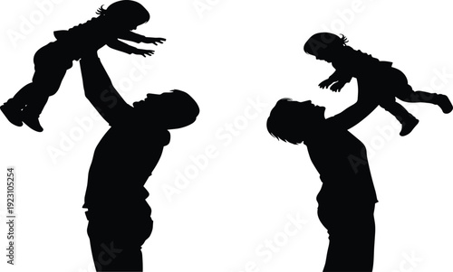 Silhouettes of happy parents father and mother lifting little children high up representing family love care and parenting joy isolated on white background