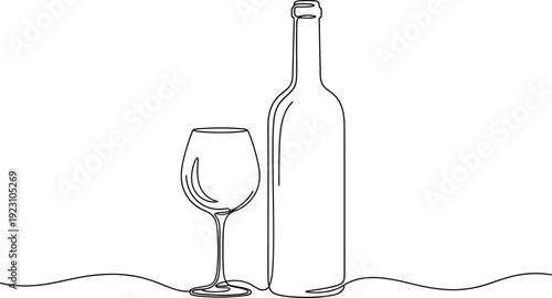A minimalist continuous line drawing depicts a wine bottle and a single wine glass suggesting elegance and sophistication high quality professional