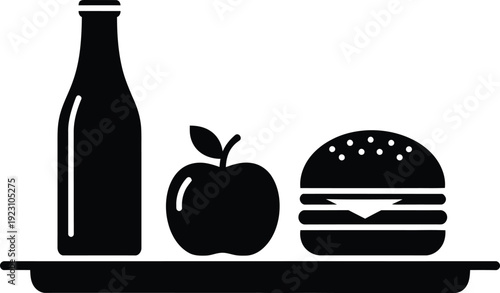 a simple black and white illustration depicts a tray holding a bottle an apple and a hamburger showcasing fast food options