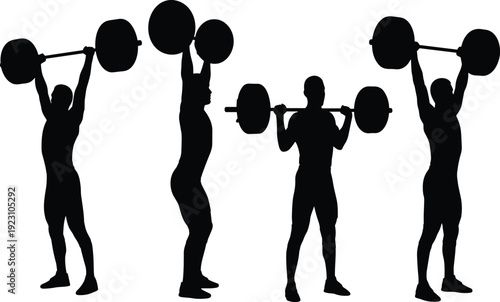 Black silhouette of male athletes performing various weightlifting exercises including overhead press and squats with barbells for fitness training strength bodybuilding and powerlifting gym concepts.