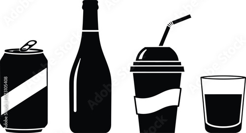 a minimalist black and white illustration depicts an assortment of beverage containers including a soda can bottle cup and glass