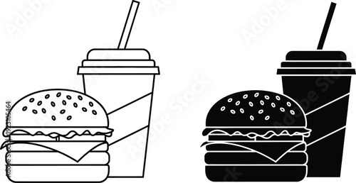 A monochrome illustration showcasing a burger and drink combo presented in both line art and solid black styles for visual comparison