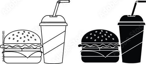 a simple black and white illustration depicts two burger and drink combinations showcasing a classic fast food meal arrangement high quality