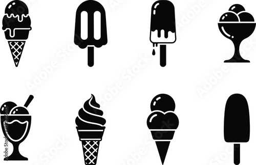A collection of various black silhouette ice cream icons and popsicles depicted in different shapes and styles showcasing dessert options