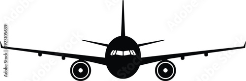 A stark black silhouette of a passenger airplane is presented from a directly frontal perspective showcasing its wings and engines