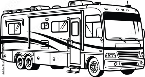 a detailed black and white illustration depicts a large recreational vehicle showcasing its boxy design and numerous windows evoking a sense of travel