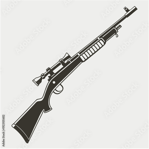 Black silhouette of classic hunting rifle with mounted telescopic sight and wooden stock design