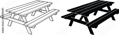A minimalistic illustration depicts two identical picnic tables one in a light outline and the other fully shaded in black side by side