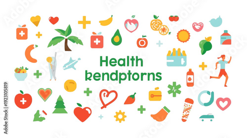 Colorful flat vector icons for health, wellness, and a balanced lifestyle. A vibrant collection featuring symbols for nutrition, fitness, nature, and overall well-being concepts