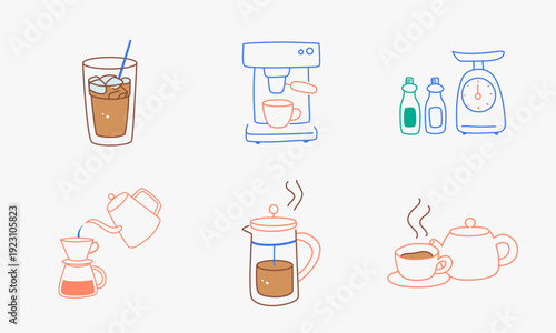 Minimal line illustration set featuring coffee beans, coffee scoop, takeaway cup, toast bread, coffee grinder, cookie jar, milk bottle, and coffee bean bag. Ideal for cafe branding, menu design