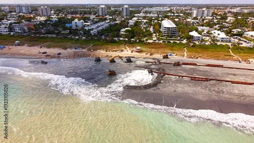 Delray Beach sand renourishment 2026. Aerial drone stock video