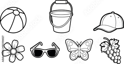 Black and white line art illustrations of summer vacation objects and icons
