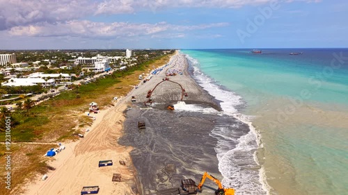 Extreme beach sand erosion Delray Beach 2026. Repair underway sand renourishment