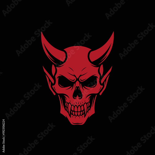 Red skull with horns and pointed ears on a black background.