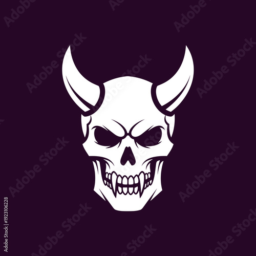 White skull with horns on a dark background.