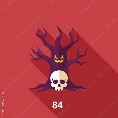 Cartoon tree with a sinister face and a skull at its base on a red