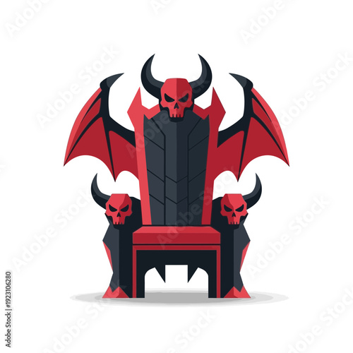 A throne decorated with skulls, horns, and bat-like wings in a dark fantasy style.