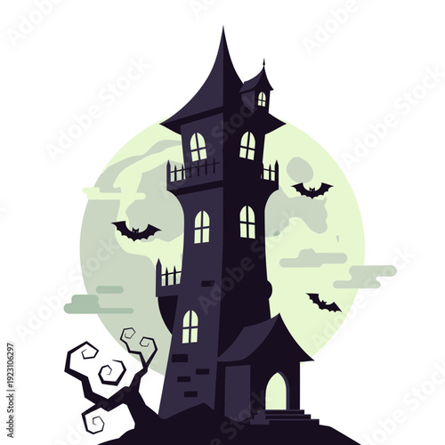 Haunted house with bats and a spooky moonlit background.