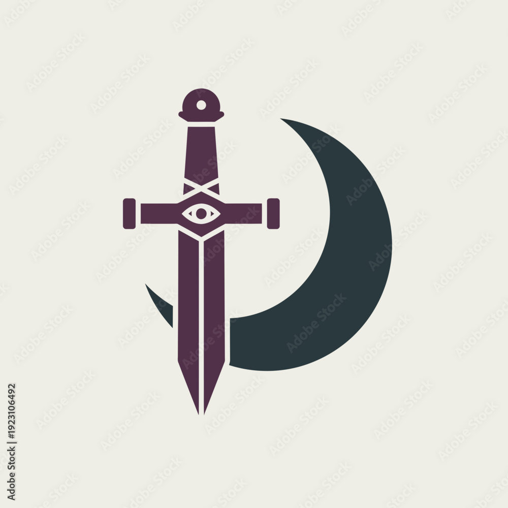 Fototapeta premium Stylized sword with an eye symbol and crescent moon in the background.